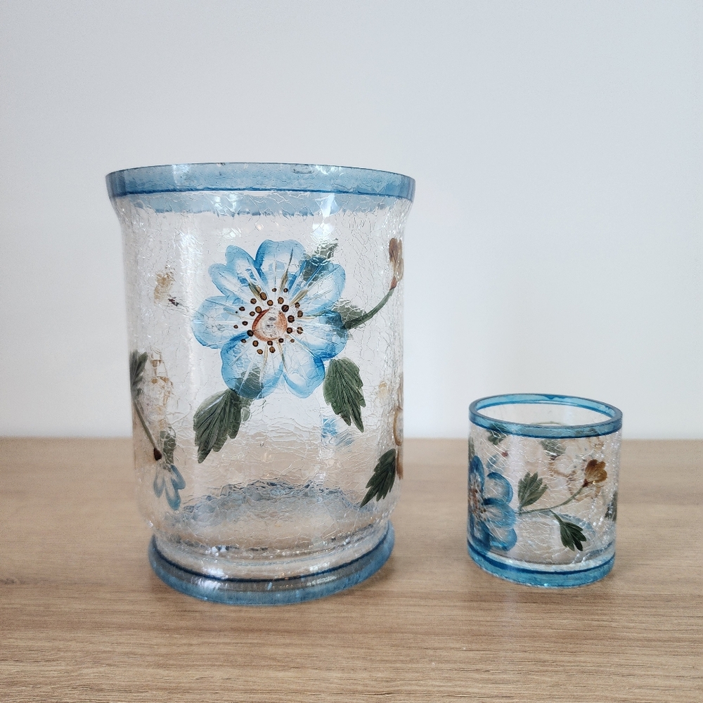 Yankee Candle Blue Flower Crackled Glass Set Hurricane Glass and Votive Holders